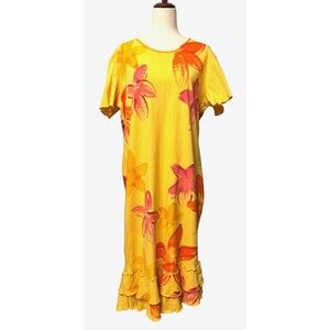 Vtg CRAZY FISH Hawaiian Dress Women's L Yellow Floral USA Made Beach Cruise Vaca